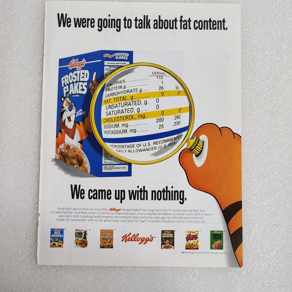 Vintage Print Ad Kellogg's Frosted Flakes fat content Tony the Tiger 8x10 1993